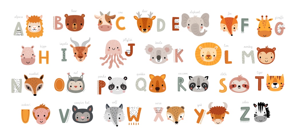 Cute Animals alphabet for kids education. Funny hand drawn style characters. Vector illustration.
